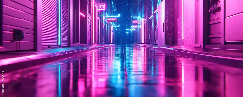 Neon-lit alleyway with reflections on wet pavement, moody urban night scene, cyberpunk vibes Neon-lit alleyway with reflections on wet pavement, moody urban night scene, cyberpunk vibes