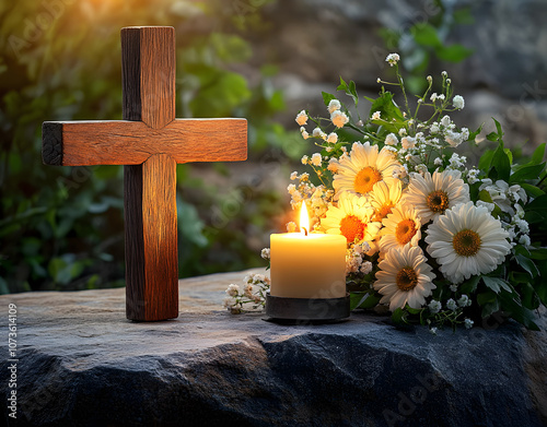 Una cruz de madera junto a una vela encendida y un ramo de flores sobre una losa de piedra photo