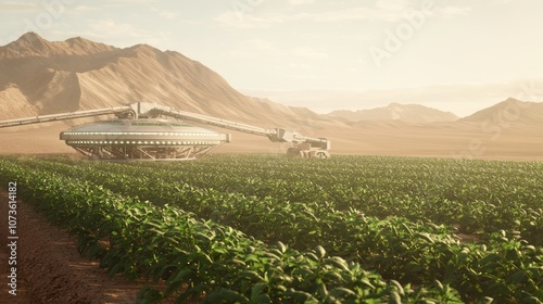 Futuristic Desert Agriculture: Advanced Solar Irrigation Systems Nurturing Vibrant Crops in Arid Landscape