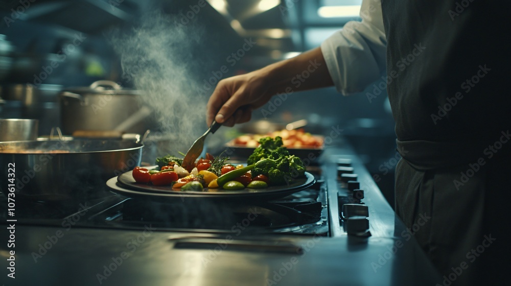 Chef Preparing Vegetables on a Stovetop Chef Preparing Vegetables on a Stovetop