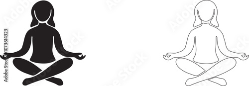 Woman sits in the lotus position. Vector silhouette. Yoga and meditation sign.