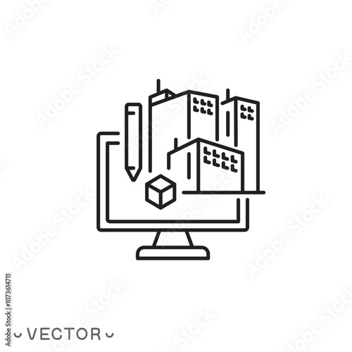 building information modeling icon, construction management technology, development architecture process, thin line symbol isolated on white background, editable stroke eps 10 vector illustration