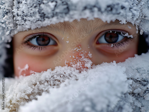 Child playing in the snow with rosy cheeks