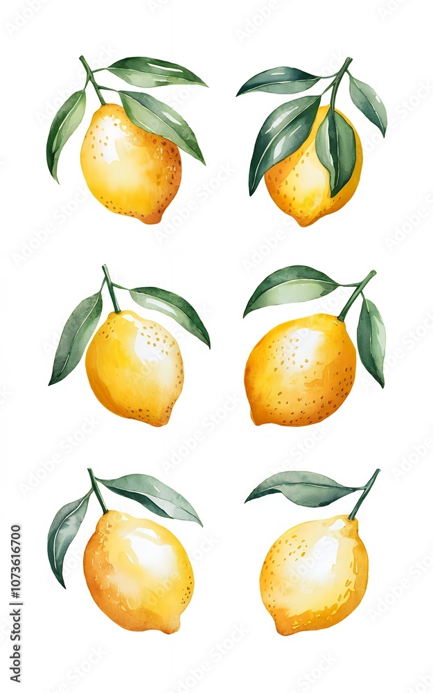Obraz premium Six watercolor lemons with green leaves, perfect for summery designs.