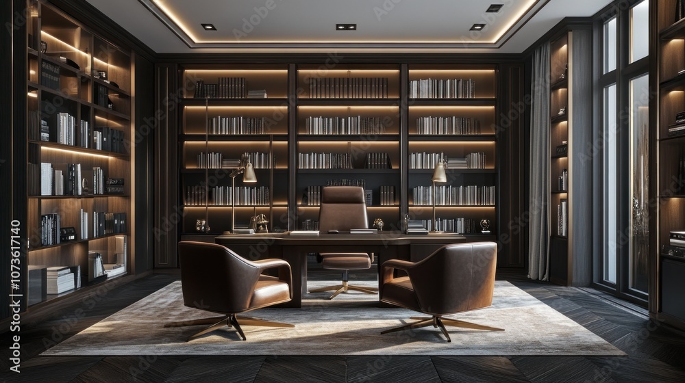 Luxury home office with leather chairs, dark wood furniture, and floor-to-ceiling bookshelves Luxury home office with leather chairs, dark wood furniture, and floor-to-ceiling bookshelves