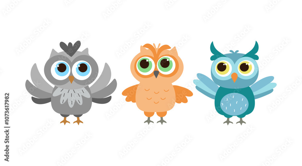 Stylish cute cartoon owls. Collection of various birds for creative design projects, minimalistic cute bright set owls. Logo, vector illustration Stylish cute cartoon owls. Collection of various birds for creative design projects, minimalistic cute bright set owls. Logo, vector illustration