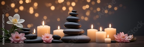 Spa concept with zen basalt stones with flowers