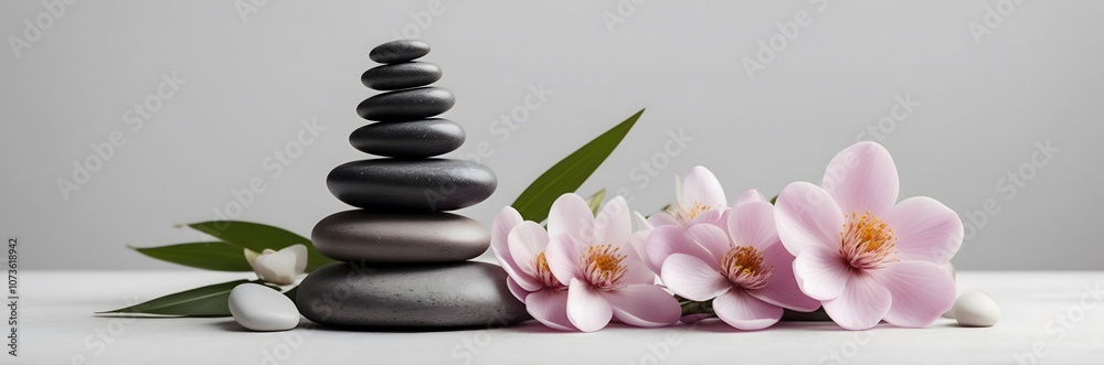 Obraz premium Spa concept with zen basalt stones with flowers