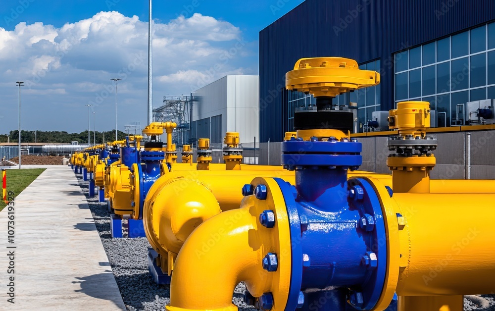 A row of bright yellow and blue industrial valves and pipes, lined up outside a large facility under a clear blue sky. A row of bright yellow and blue industrial valves and pipes, lined up outside a large facility under a clear blue sky.