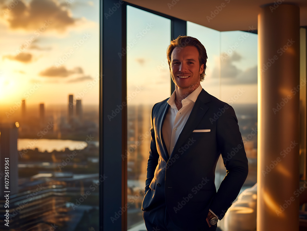 Confident businessman in formal suit standing in luxury office at sunset, city skyline in background, elegant professional Confident businessman in formal suit standing in luxury office at sunset, city skyline in background, elegant professional