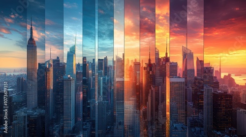 Experience the breathtaking transformation of a city skyline captured through a stunning time-lapse effect. Witness the vibrant colors of day transition into the warm hues of sunset.