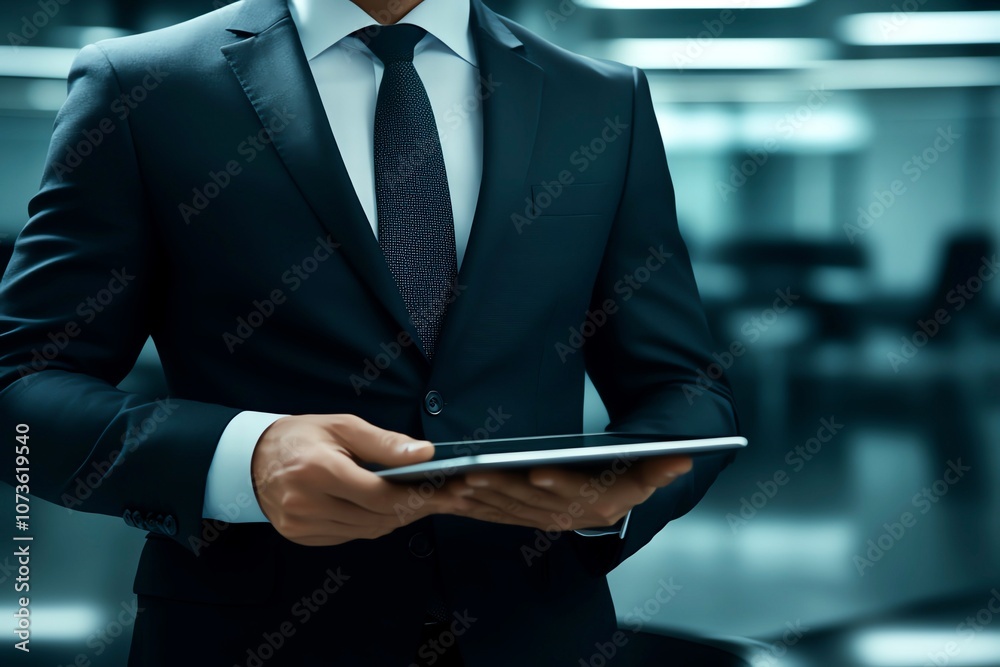 Businessman in suit holding tablet in office. Businessman in suit holding tablet in office.