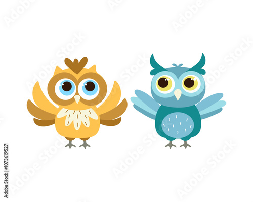 Stylish cute set, cartoon owls. Collection of various birds for creative design projects, minimalistic cute bright set owls. Logo, vector illustration