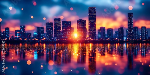 City skyline at sunset with reflections in water, vibrant colors and dramatic lighting, creating a beautiful urban scene.