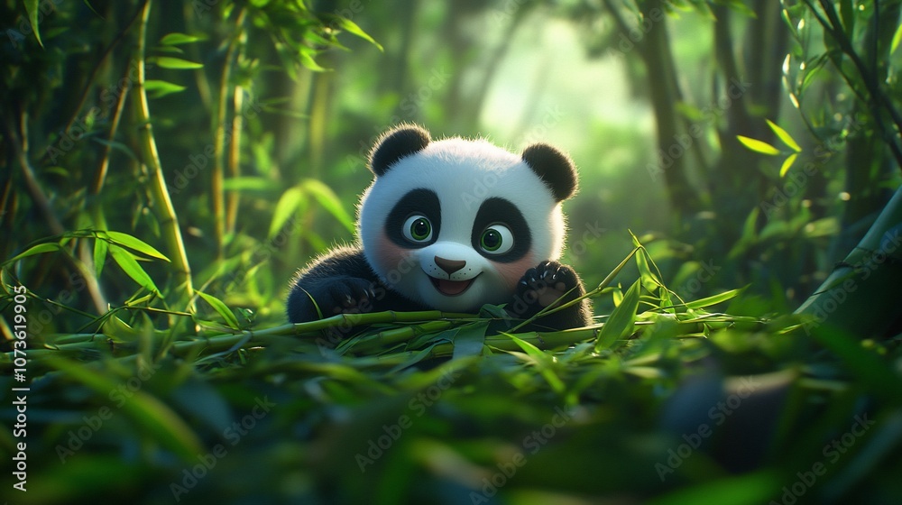 A cute, cartoon panda cub sits among green bamboo stalks in a lush, sun-drenched forest. A cute, cartoon panda cub sits among green bamboo stalks in a lush, sun-drenched forest.