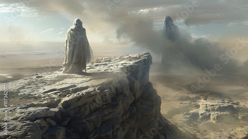 Jesus standing firm on a rocky desert cliff, with Satan's shadow looming behind him, symbolizing resistance and strength. 