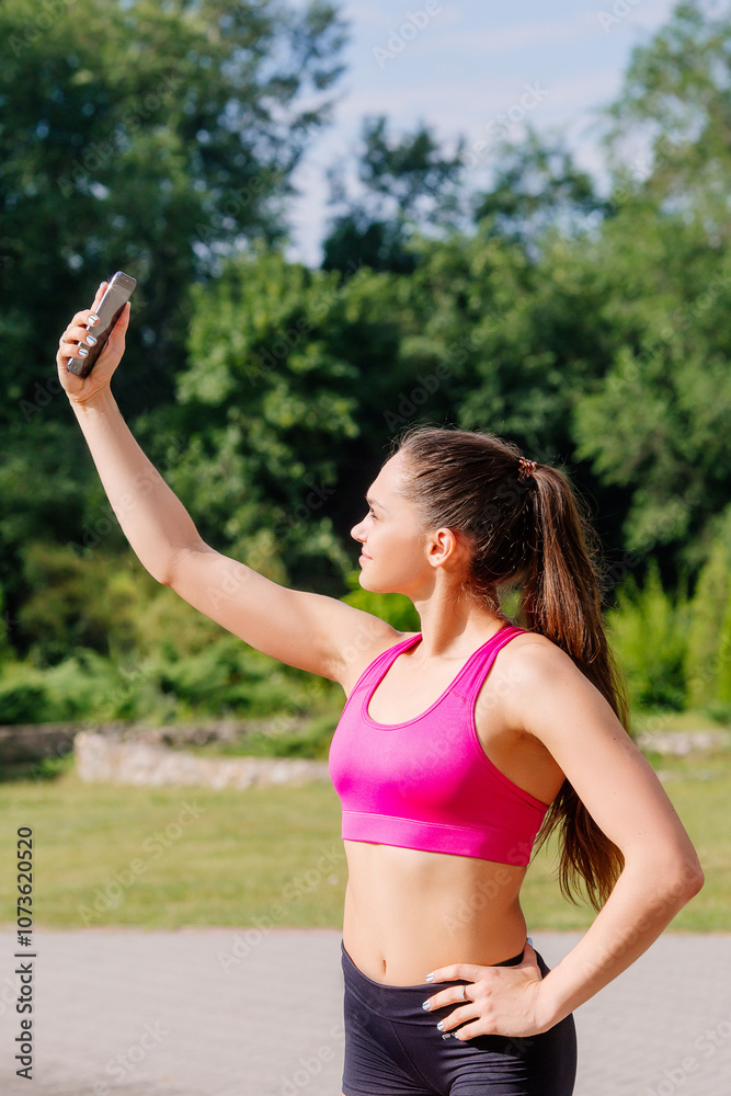 Modern young woman with cellphone making pause during jogging exercise. Modern young woman with cellphone making pause during jogging exercise.