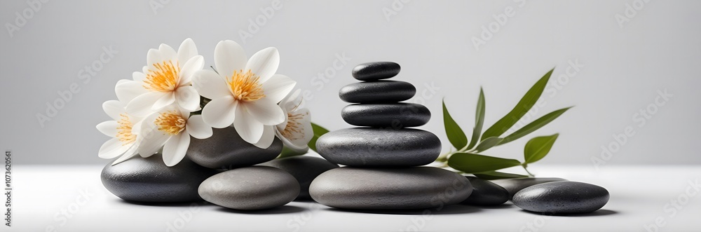 Spa concept with zen basalt stones with flowers Spa concept with zen basalt stones with flowers
