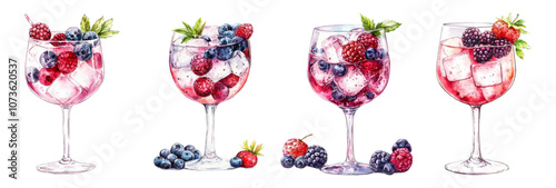Set of watercolor cocktails in glass glasses with berries and ice cubes. Berry cocktails in glasses with raspberries, blueberries, strawberries, mint and ice cubes. Watercolor bar drinks.