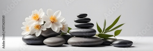 Spa concept with zen basalt stones with flowers