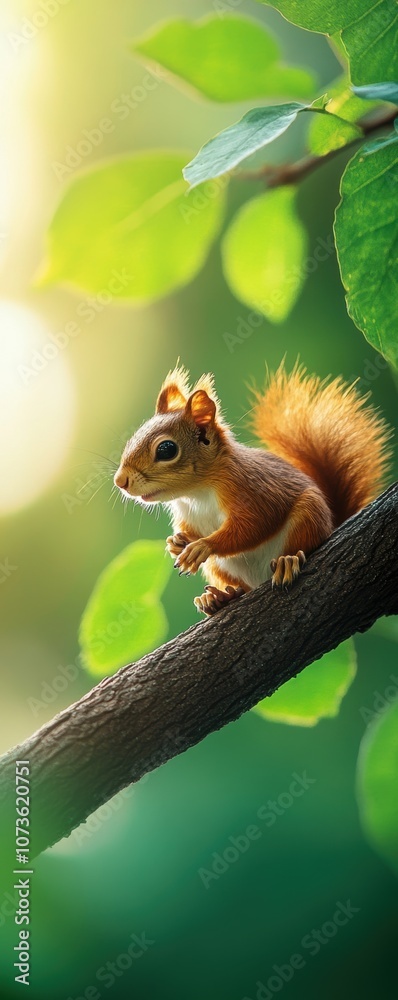 Fototapeta premium A captivating close-up of a squirrel perched on a branch, surrounded by lush green foliage. Its attentive gaze and vibrant fur bring life to this serene natural scene.