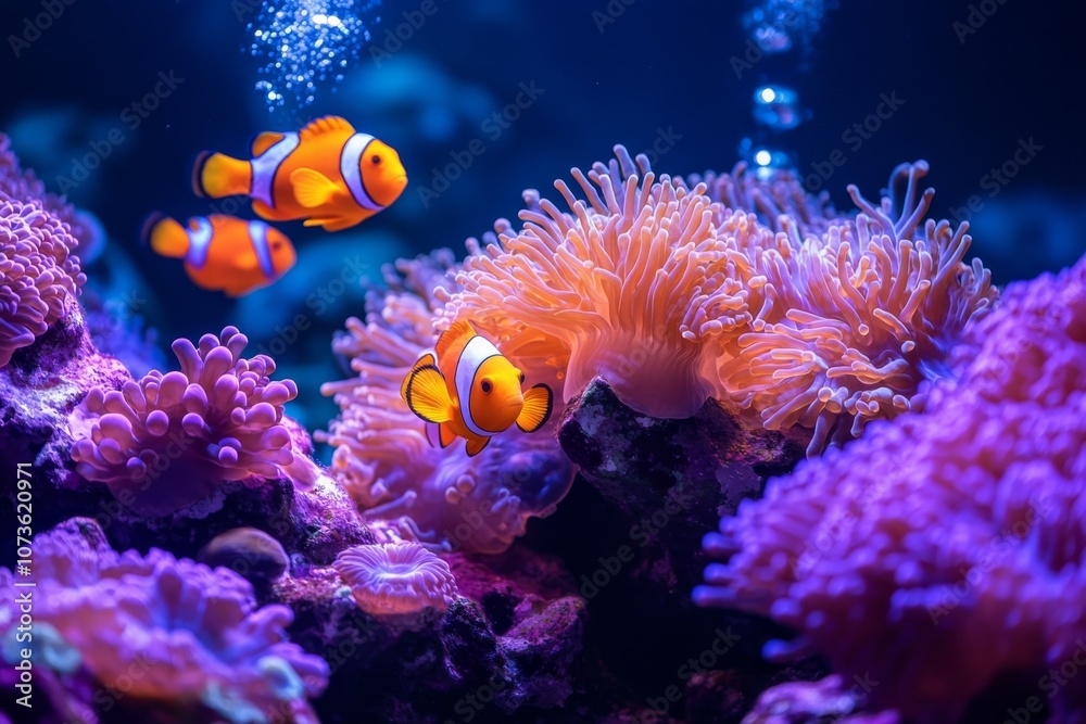 Fototapeta premium Clownfish Swimming in Coral Reef with Bubbles
