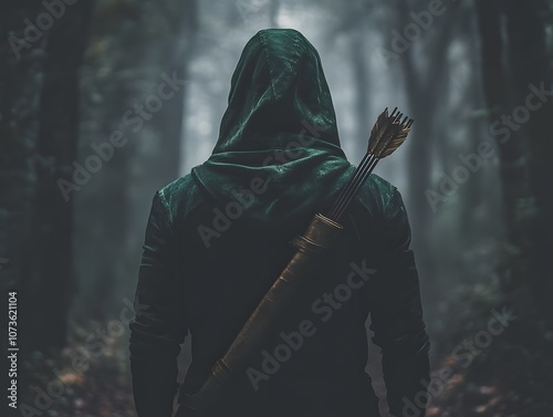 Mysterious Archer in Dark Forest: A Solitary Figure with Bow and Arrows Surrounded by Fog and Trees, Evoking Adventure and Intrigue in Nature photo