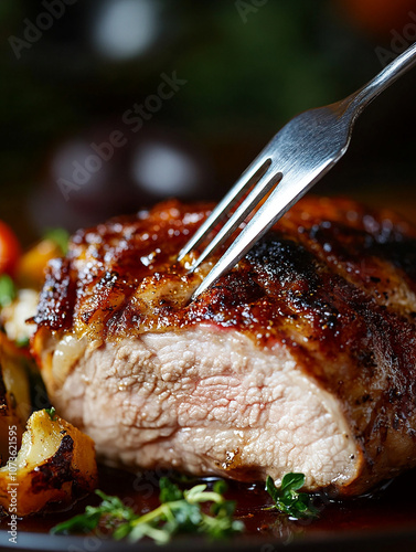 Advertising image of a roasted pork chop with a fork holding it