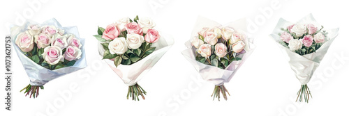 Watercolor bouquet of white and pink roses packed in a white wrapper png. Bouquets of roses in a white wrapper on a transparent background. Watercolor floristry. Vector illustration.