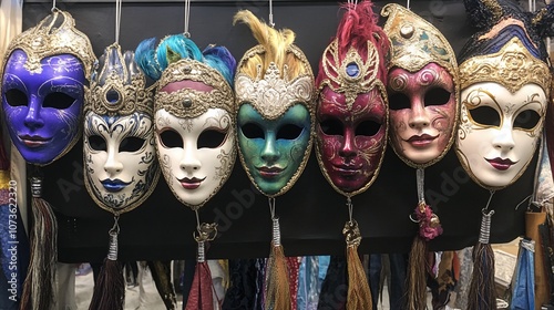 Seven colorful Venetian masks hanging in a row. photo