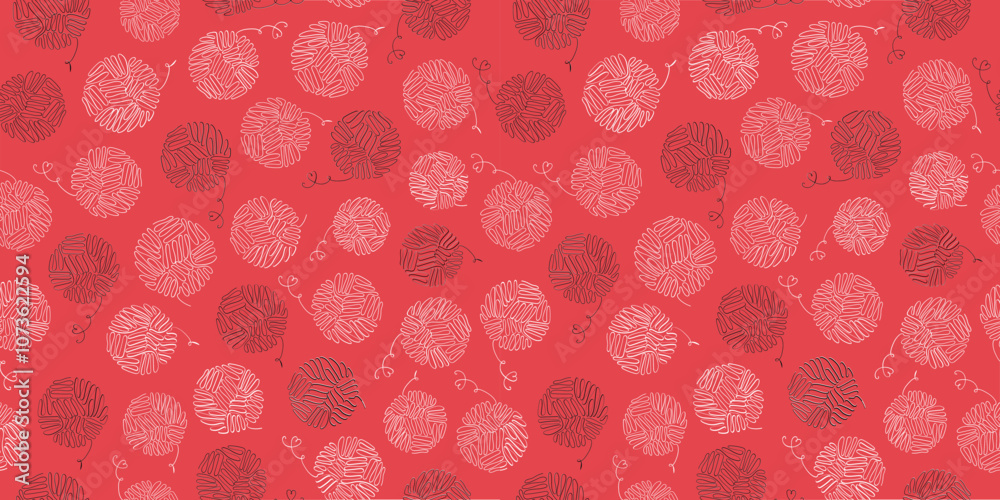 Knitting pattern, hobby icon, line art needlework. Ball of yarn, one line drawing. Yarn in a skein. Seamless background, wallpaper decor. Knitting pattern, hobby icon, line art needlework. Ball of yarn, one line drawing. Yarn in a skein. Seamless background, wallpaper decor.