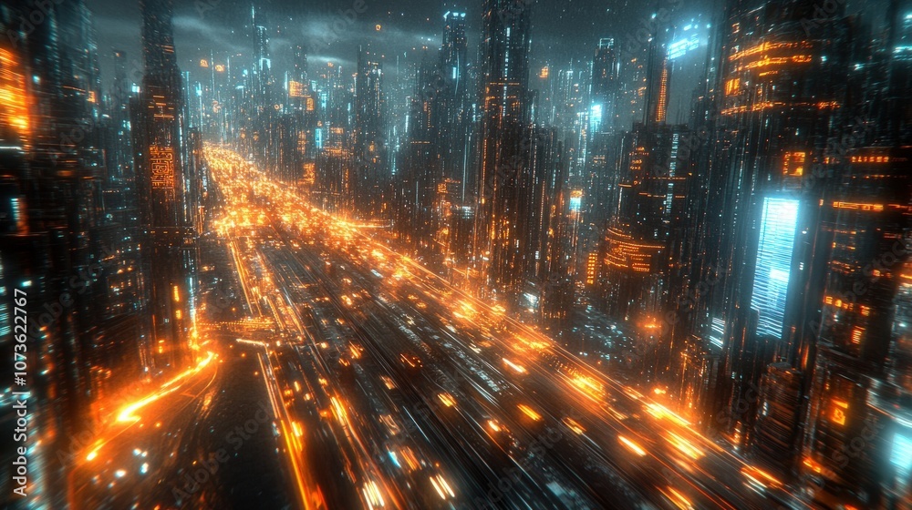 Obraz premium Futuristic cityscape with glowing buildings and street lights.