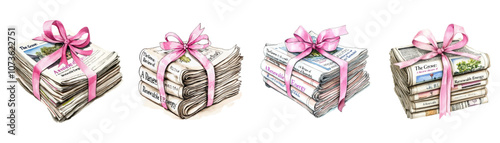 Watercolor set of stacks of newspapers tied with a satin pink ribbon with a bow. Newspaper with news and articles tied with a bow. Cute girly elements for post. Vector illustration.