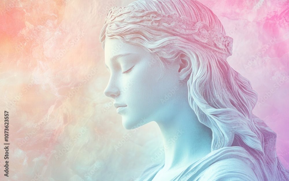 Colorful abstract background with a serene painting of a young woman styled as a Greek statue, featuring long flowing hair and a delicate headband. Colorful abstract background with a serene painting of a young woman styled as a Greek statue, featuring long flowing hair and a delicate headband.