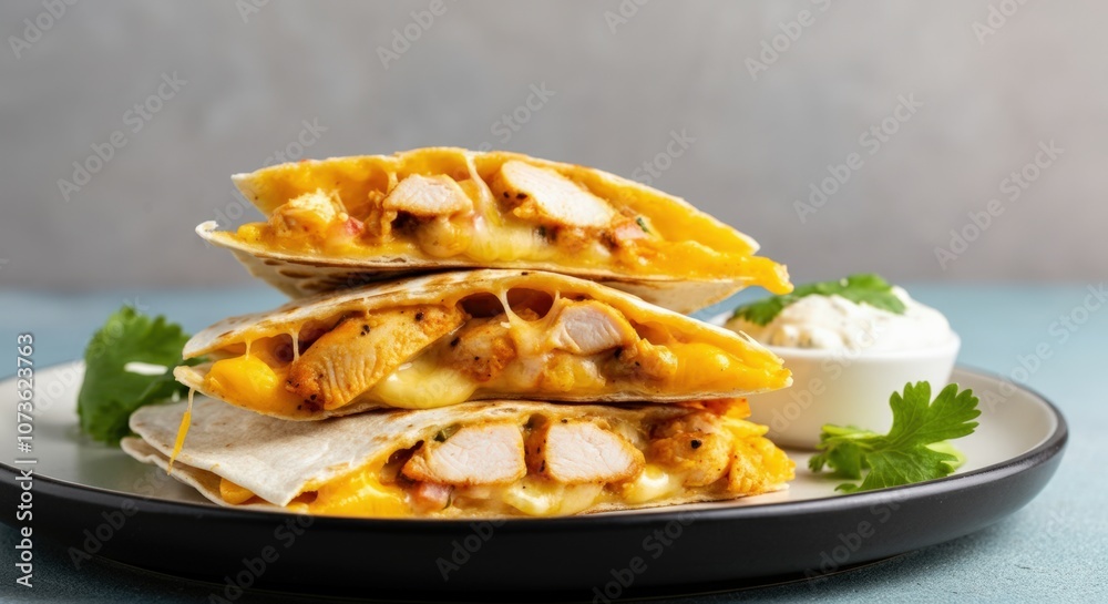 Close-up of a delicious chicken quesadilla with melted cheese and cilantro Close-up of a delicious chicken quesadilla with melted cheese and cilantro