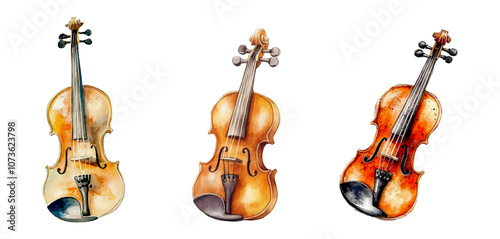 Watercolor violin set png. Musical instrument violin watercolor on transparent background. Retro violin. Vector illustration.