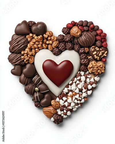 A heart-shaped arrangement of various chocolates and snacks, featuring dark, milk, and white chocolates, creating an enticing confectionery display.