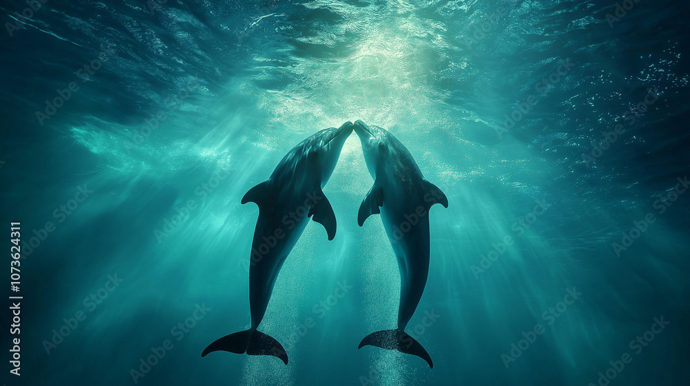 Fototapeta premium Two dolphins playing each other under sea water.