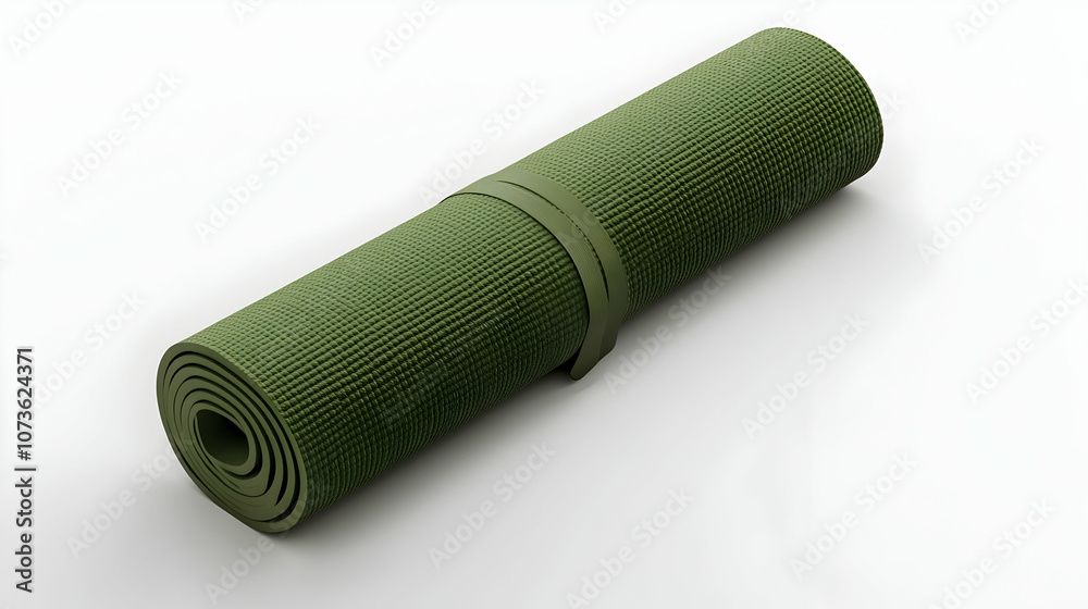 Rolled up green camping mat with strap. Rolled up green camping mat with strap.