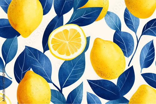 Watercolor pattern with ripe lemons and blue leaves. Lemon watercolor pattern. Vector illustration.