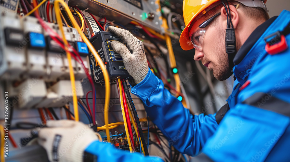 Electrician Working Diligently in a Commercial Facility on a Control Panel With Various Wires and Circuit Breakers During Daylight Hours Electrician Working Diligently in a Commercial Facility on a Control Panel With Various Wires and Circuit Breakers During Daylight Hours