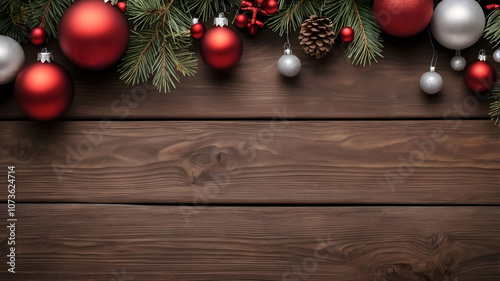 Christmas frame with red and silver ornaments on rustic wooden background. Template for Christmas themed designs. Social media header. Horizontal panoramic wide Christmas banner with copy space. 