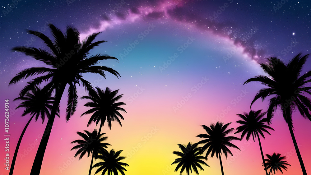 3d illustration silhouette of palm trees on a colorful, star filled sky background with the sun 3d illustration silhouette of palm trees on a colorful, star filled sky background with the sun