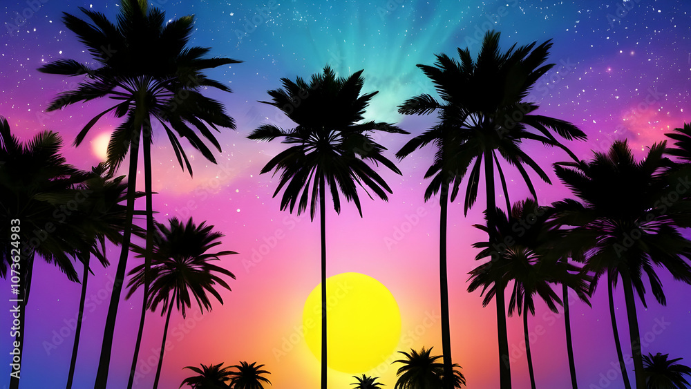 3d illustration silhouette of palm trees on a colorful, star filled sky background with the sun 3d illustration silhouette of palm trees on a colorful, star filled sky background with the sun