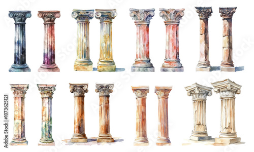 Watercolor set of ancient Greek and Roman columns png. Ancient Greek and Roman columns watercolor. Elements of ancient architecture. Vector illustration.
