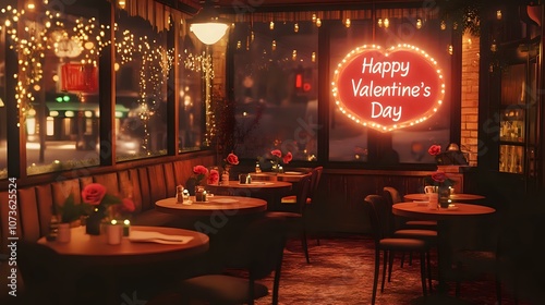 Valentine's vintage cafe setting, with soft music, roses on each table, and a glowing Happy Valentine's Day sign in the window, surrounded by warm lights photo