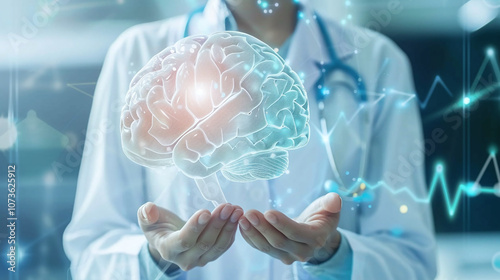 Obraz na płótnie A Healthcare Professional Holds a Digital Representation of a Brain, Symbolizing Advanced Neuroscience and Medical Research in a Modern Clinic Environment w salonie