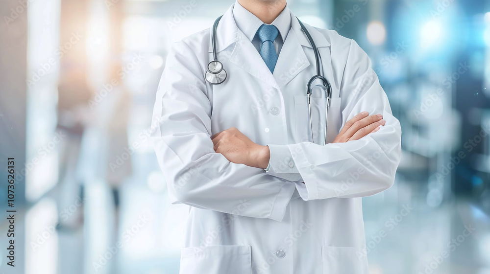 A Healthcare Professional in a White Lab Coat Stands With Crossed Arms in a Well-Lit Hospital Corridor, Showcasing Confidence and Readiness During the Morning Shift A Healthcare Professional in a White Lab Coat Stands With Crossed Arms in a Well-Lit Hospital Corridor, Showcasing Confidence and Readiness During the Morning Shift