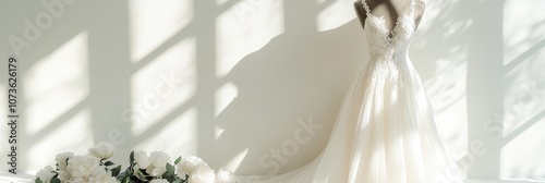 Elegant wedding dress on mannequin with soft sunlight and floral accents