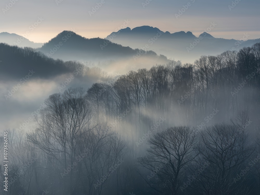 Fototapeta premium Explore the serene beauty of misty mountains and forests in nature's landscape